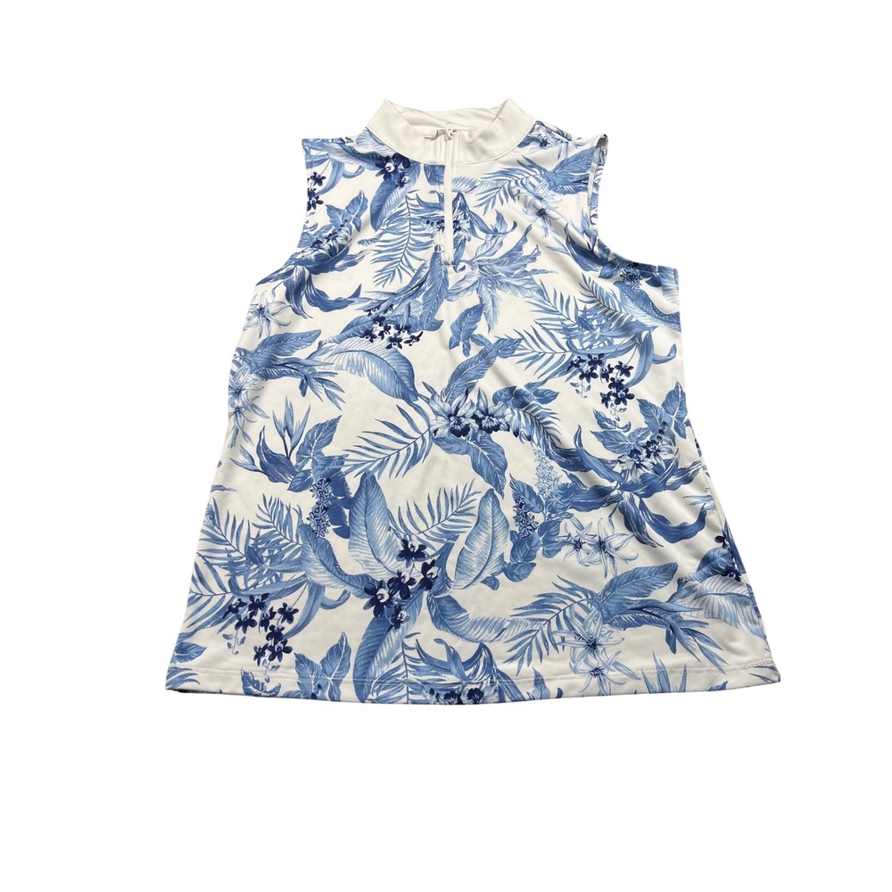 Tommy Bahama Golf Women's Medium Blue White Tropical Floral Sleeveless 1/4 Zip